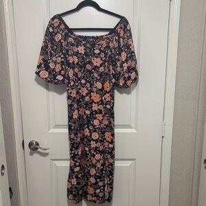 Old Navy Black Floral Long Sleeve Dress with Pink & Orange Flowers